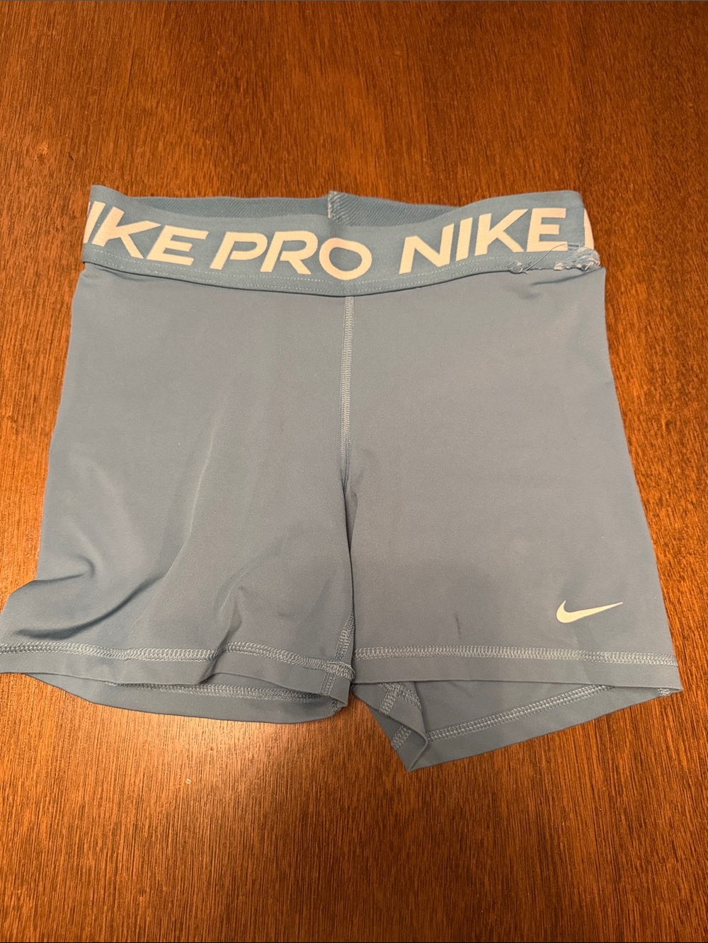 Nike Women's Light Blue Pro Bike Shorts with Logo Waistband